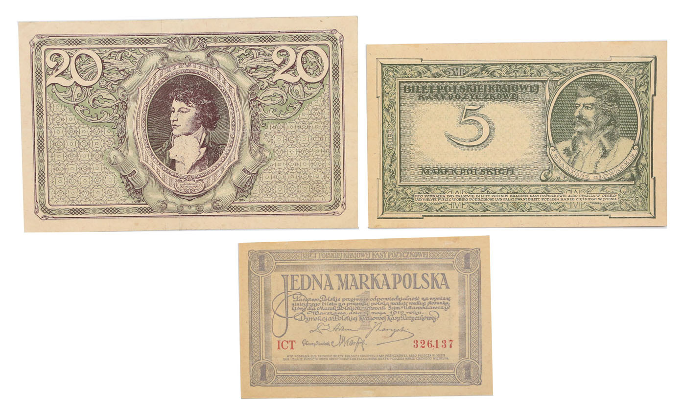 1, 5, 20 marek polskich 1919 - zestaw 3 banknotów